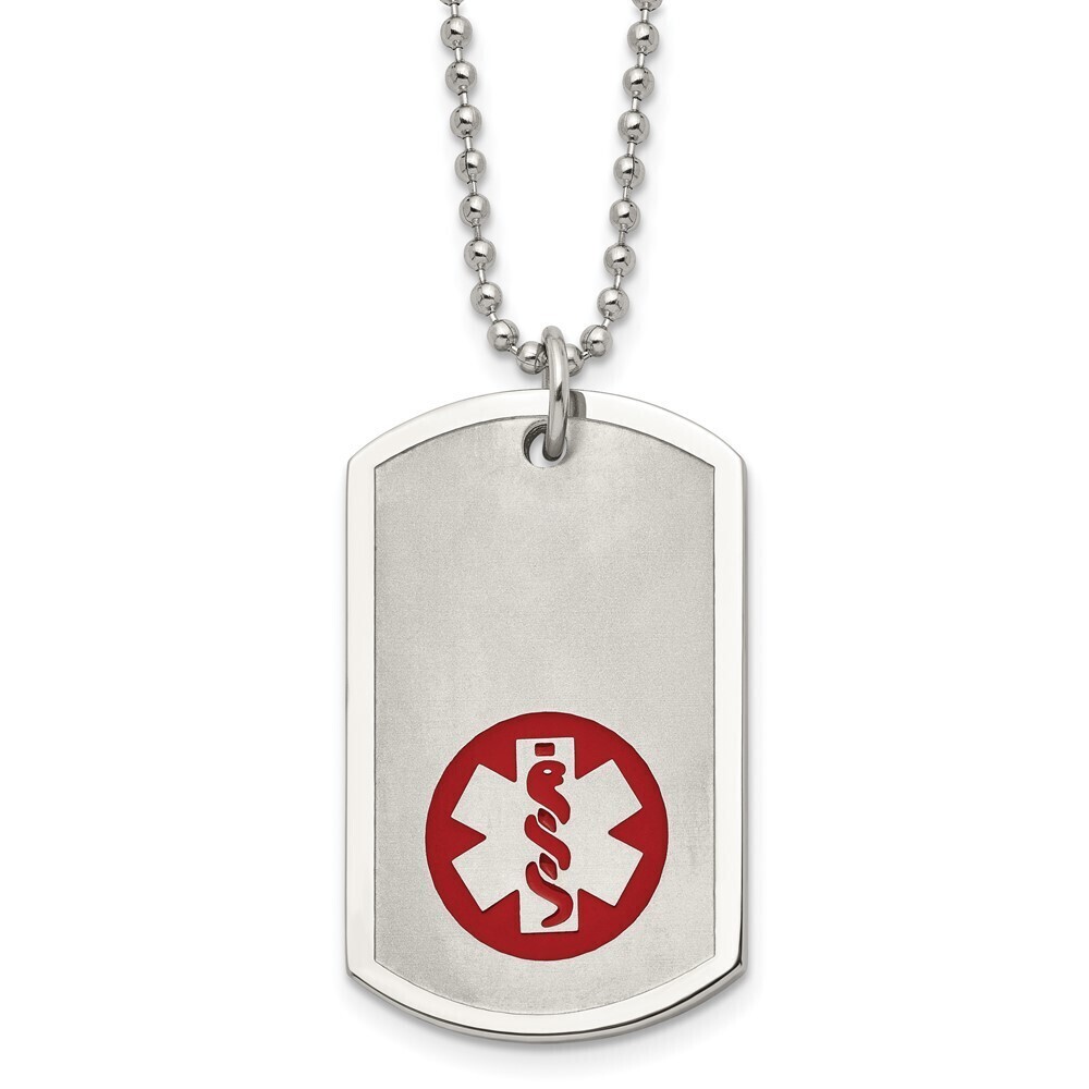 Steel Brushed & Red Enamel Medical ID Dog Tag on a 22in Ball Chain Necklace